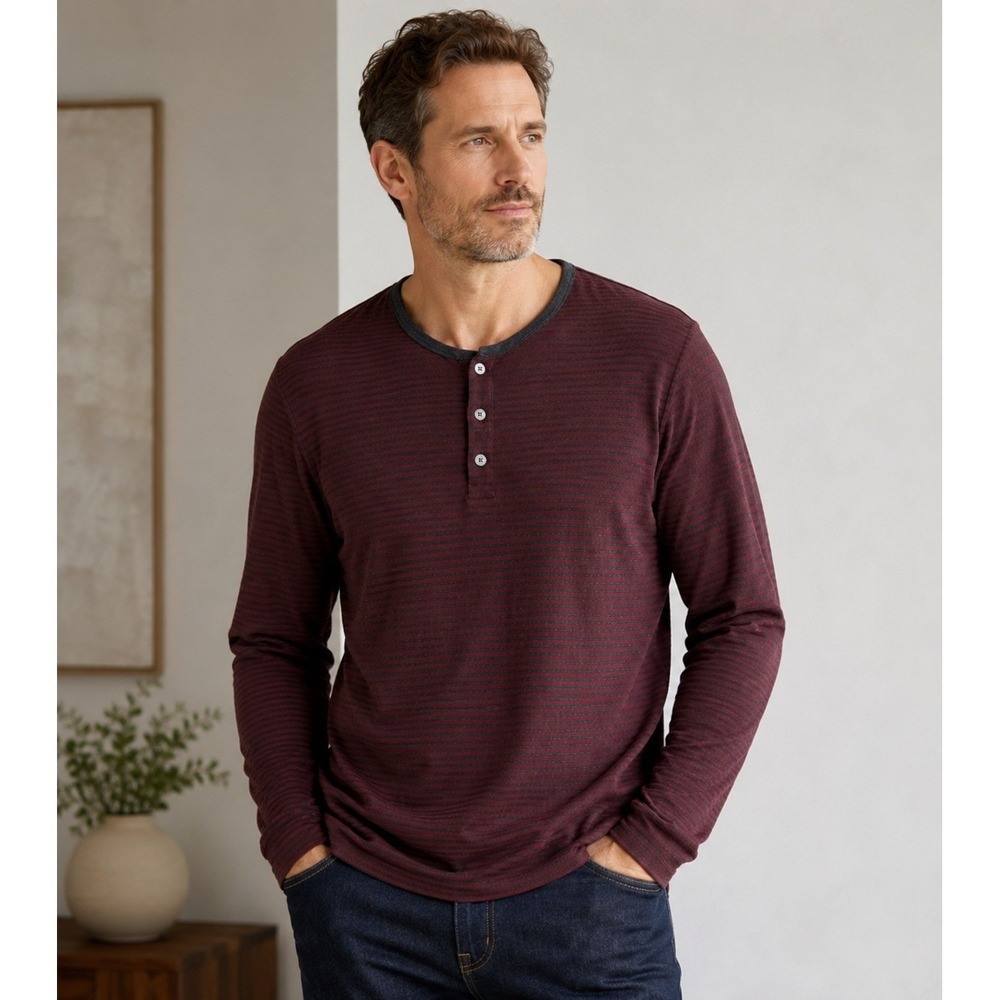 Vince Mens XL Burgundy Gray Stripe Henley Shirt Pima Cotton Long Sleeve